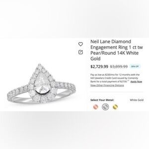 NEIL LANE
Woman engagement ring - 2000$ 
Woman wedding band - 500$